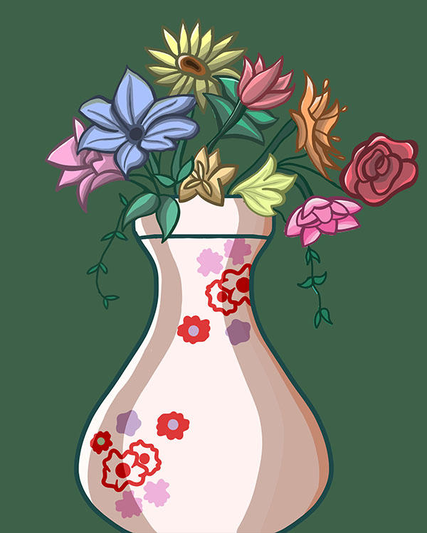 A drawing of a vase with multicoloured flowers coming out of the top