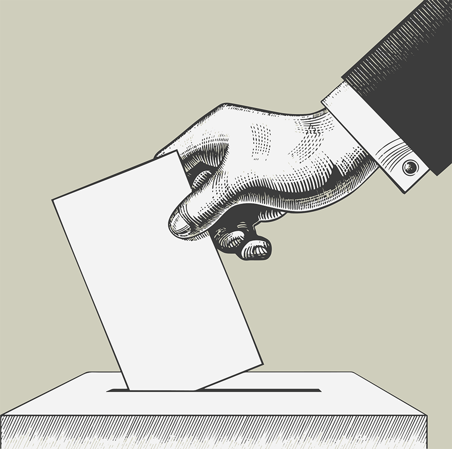 Black and white illustration of hand placing ballot card in ballot box
