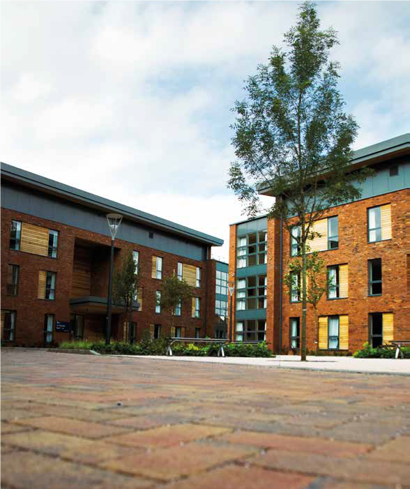 Shot of the Elizabeth Barrett Browning accommodation in St John's campus on a partly cloudy day.