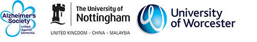The logos for the Alzheimer's Society, The University of Nottingham and the University of Worcester