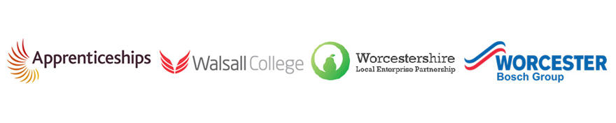 A collection of logos from apprenticeship providers including: Apprenticeships, Walsall College, Worcestershire Local Enterprise Partnerships and Worcester Bosch Group