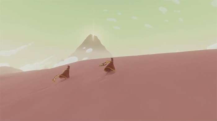 Two blurred cartoon women climb a dusty cartoon mountain