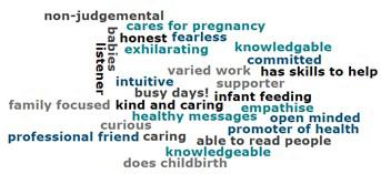 Midwifery word association, including words like 'intuitive' and 'exhilarating'