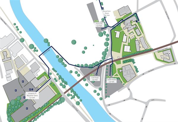 Map showing the walking route from car parks to City Campus