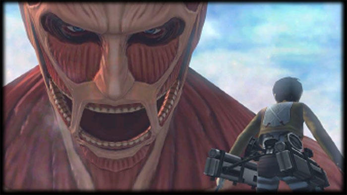 A film still from Attack on Titan of a skinless man shouting at a smaller man