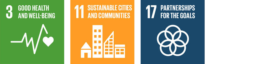 The SDG logos for 3.Good Health and Wellbeing, 11. Sustainable Cities and Communities and 17. Partnerships for the Goals