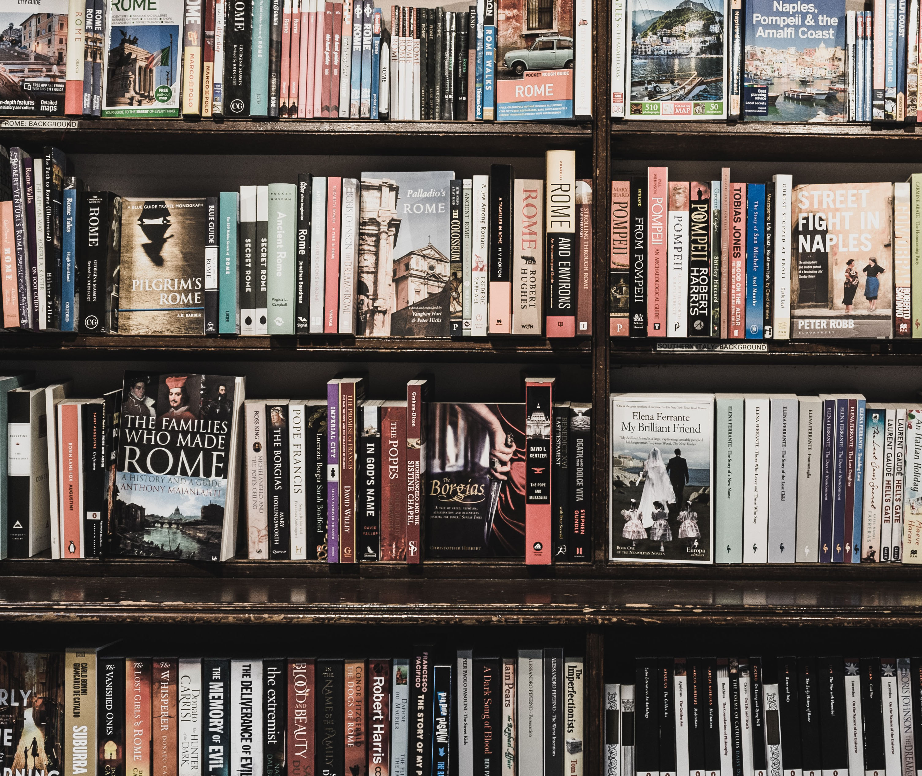 The covers of many books on some shelves