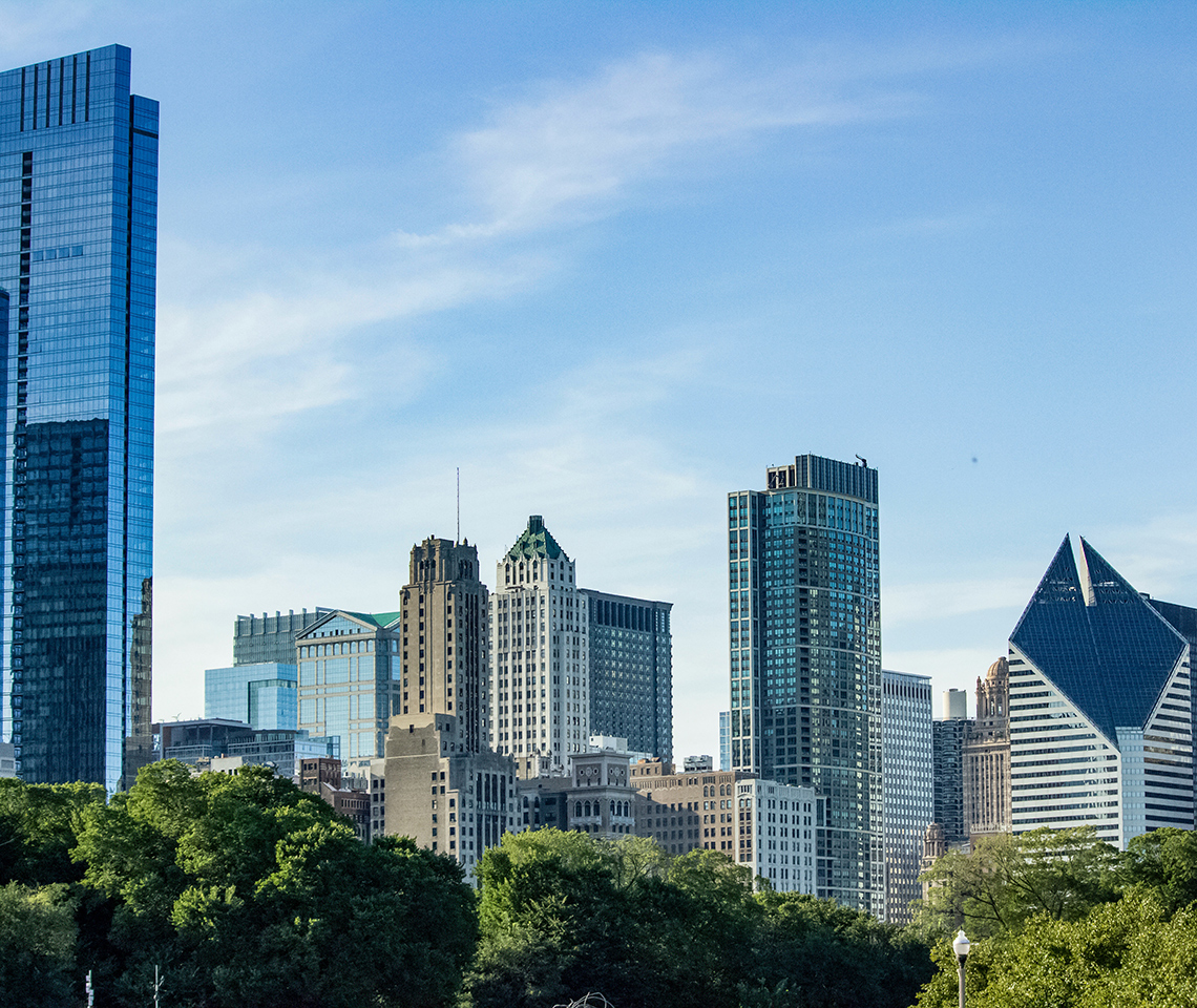 A cityscape with blue sky