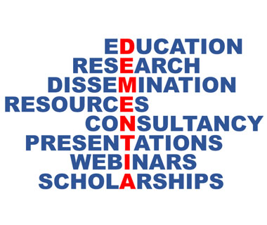 This image shows the words Education, Research, Dissemination, Resources, Consultancy, Presentations, Webinars, Scholarships with the word 'Dementia' highlighted as running through them all.