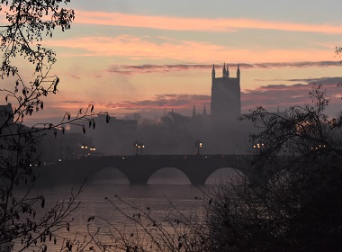 view of Worcester cathedral at sunrise
