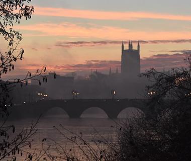 view of Worcester cathedral at sunrise